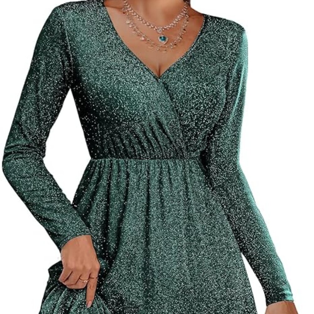 Womens Glitter Dress Wrap V Neck Long Sleeve Swing Club Cocktail Party Dresses S